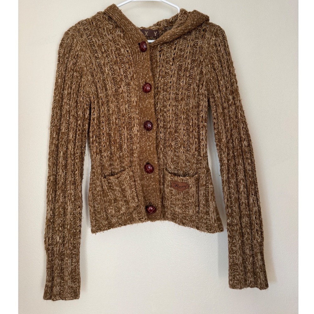 Roxy Hooded Chunky Knit Cardigan Sweater Brown Button Front Boho Women's S Beach